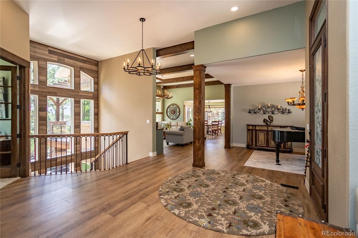 Chandelier, Interior, Pendant Lights, Piano, Recessed Lighting, Wooden Beams, Wood Texture Flooring