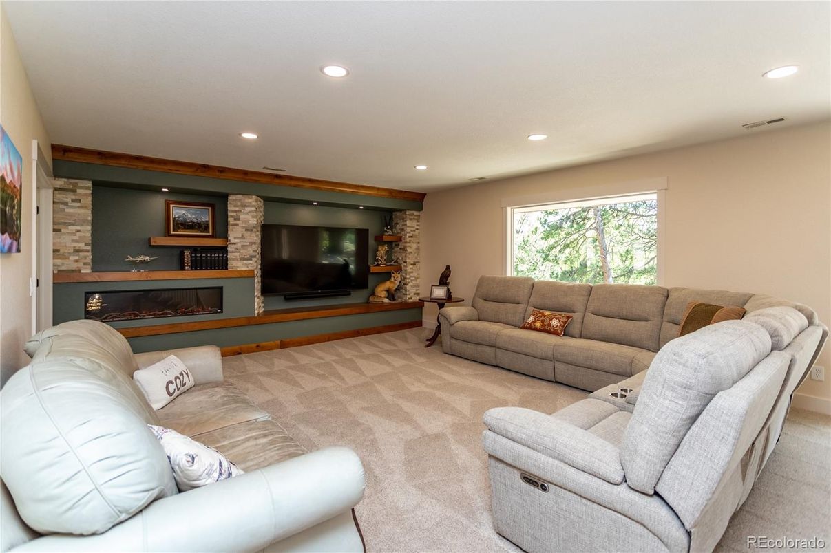 Fireplace, Interior, Living room, Recessed Lighting, Stone Walls