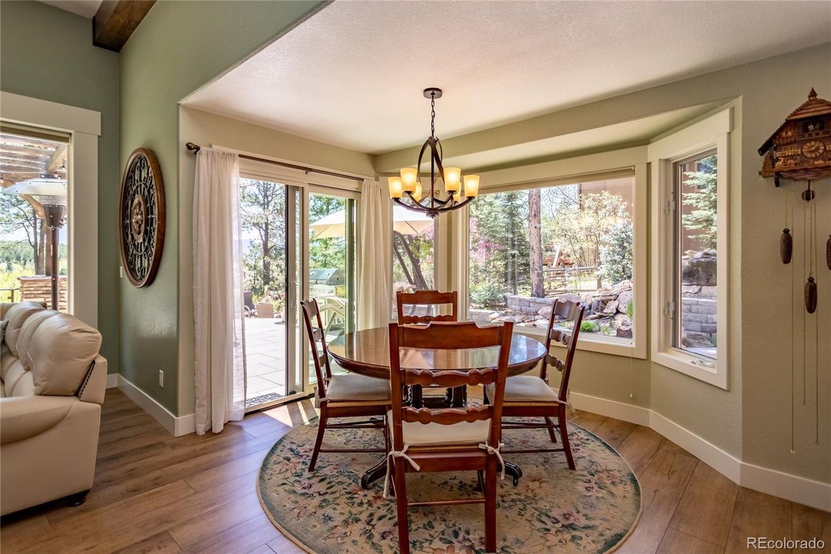 Chandelier, Dining room, Interior, Wooden Beams, Wood Texture Flooring