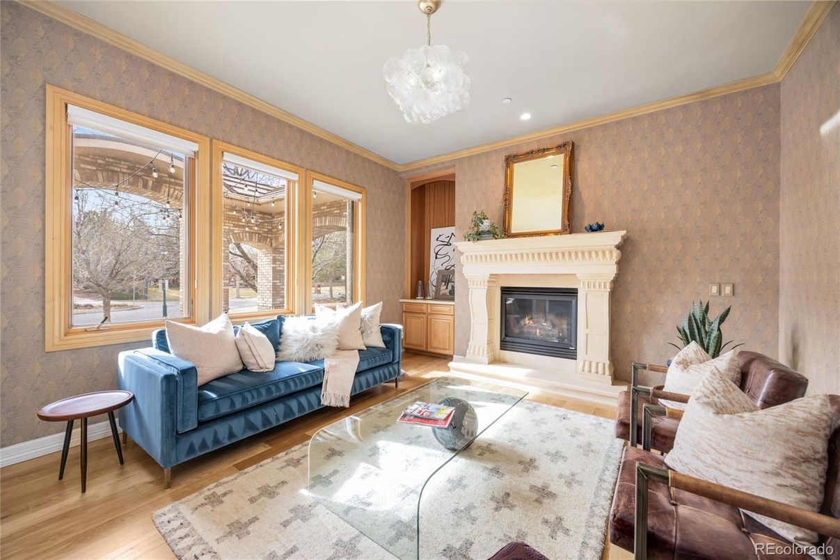 Chandelier, Fireplace, Interior, Living room, Recessed Lighting, Wood Texture Flooring
