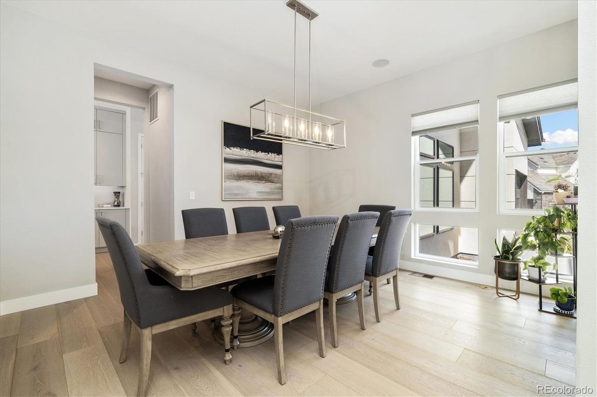 Dining room, Interior, Pendant Lights, Wood Texture Flooring