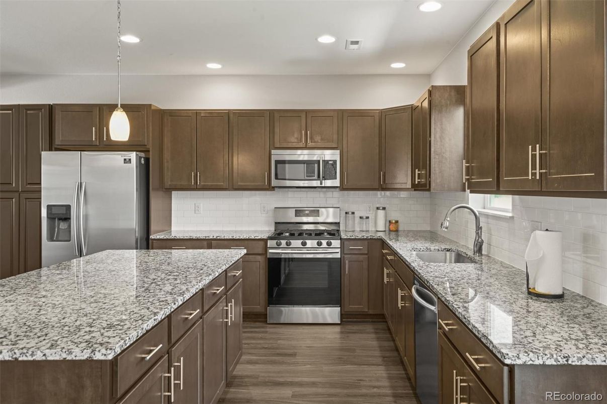 Interior, Kitchen, Pendant Lights, Recessed Lighting, Stainless Steel Appliances, Wood Texture Flooring