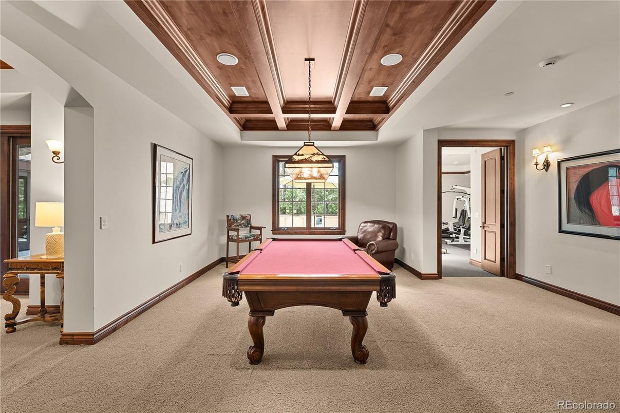 Billiard Table, Game Room, Interior, Pendant Lights, Recessed Lighting, Wooden Ceilings