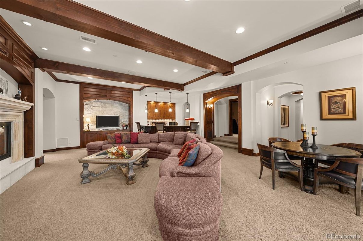 Dining room, Fireplace, Interior, Living room, Pendant Lights, Recessed Lighting, Stone Walls, Wooden Beams
