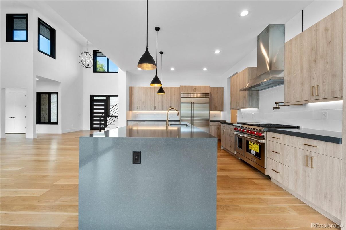 Interior, Kitchen, Pendant Lights, Recessed Lighting, Stainless Steel Appliances, Wood Texture Flooring