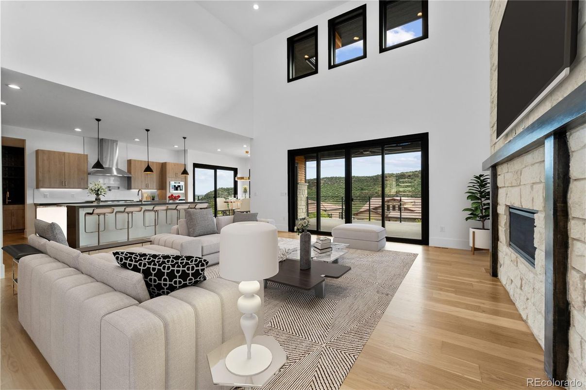 Fireplace, Interior, Kitchen, Living room, Pendant Lights, Recessed Lighting, Wood Texture Flooring