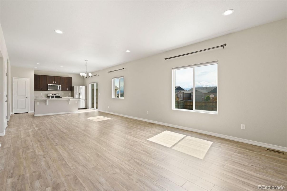 Chandelier, Empty room, Interior, Kitchen, Recessed Lighting, Wood Texture Flooring