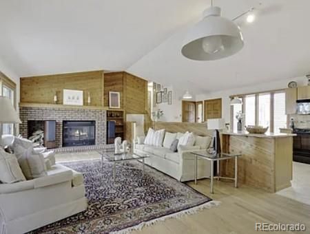 Fireplace, Interior, Kitchen, Living room, Pendant Lights, Stone Walls, Wood Texture Flooring, Wooden Walls