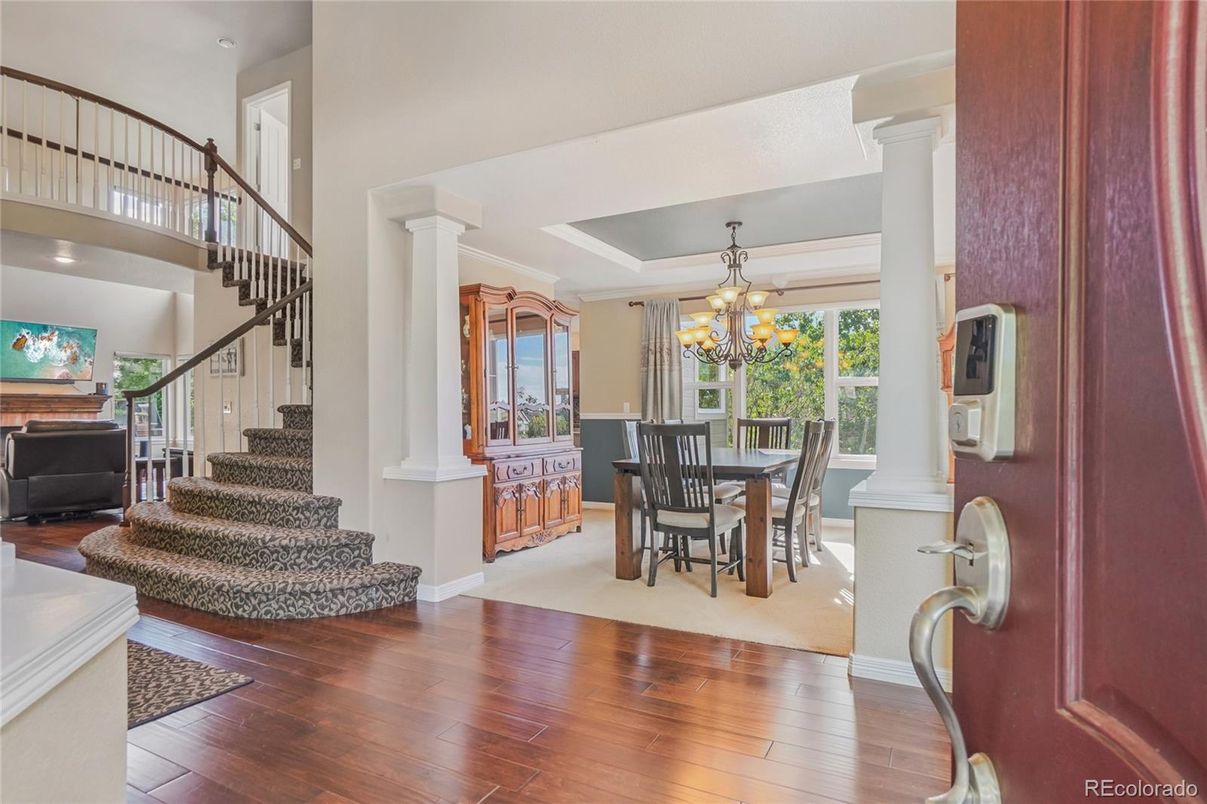 Chandelier, Dining room, Interior, Wood Texture Flooring