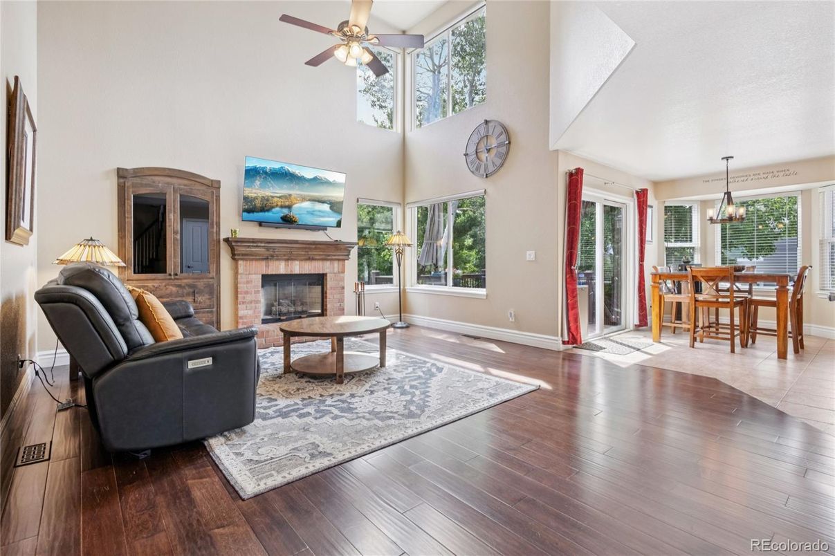 Dining room, Fireplace, Interior, Living room, Pendant Lights, Wood Texture Flooring