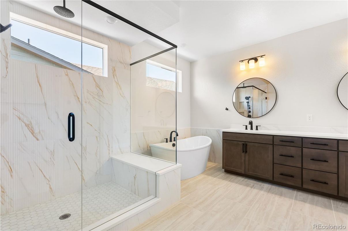 Bathroom, Dual Sink Vanities, Free Standing Baths, Glass Shower, Interior, Marble Walls