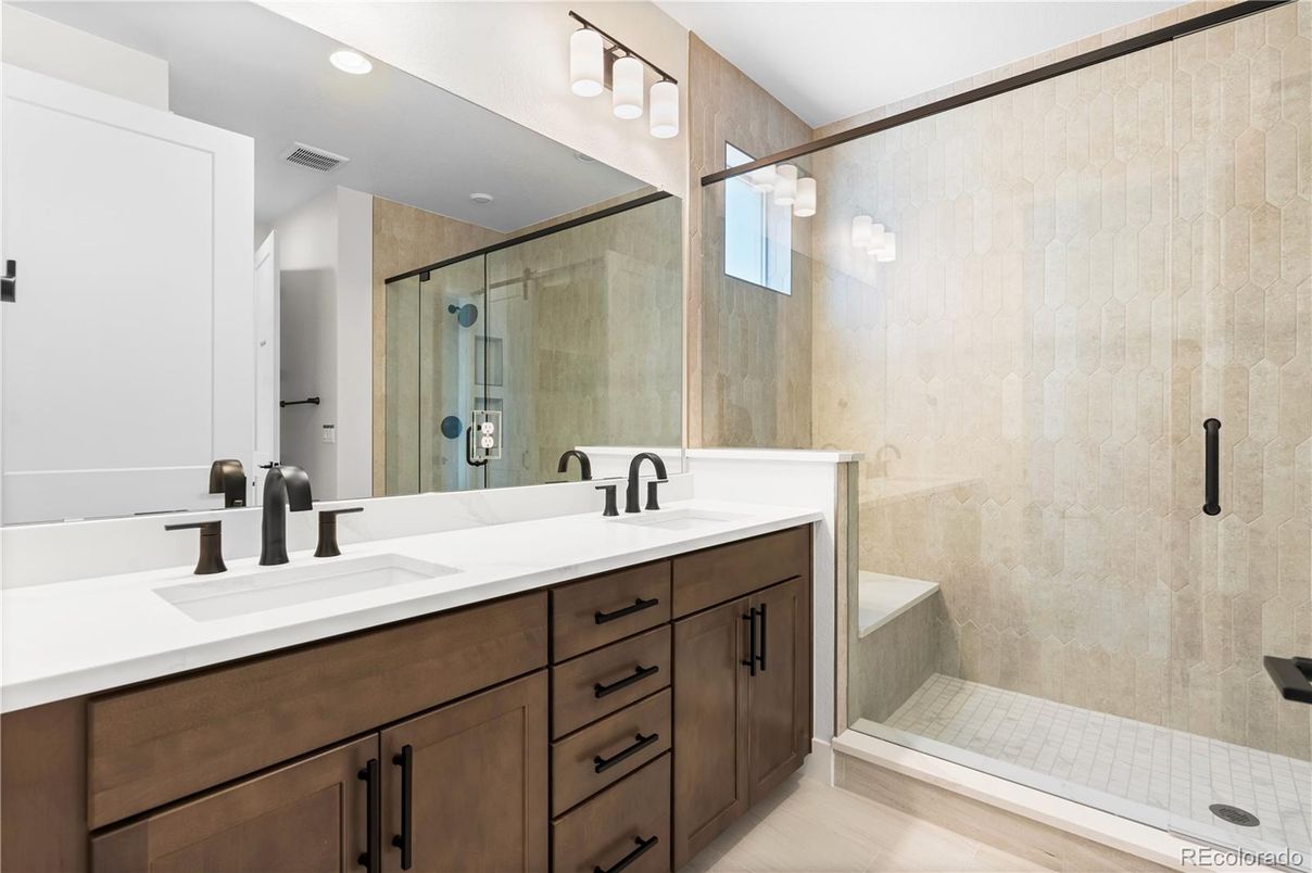 Bathroom, Dual Sink Vanities, Glass Shower, Interior, Recessed Lighting