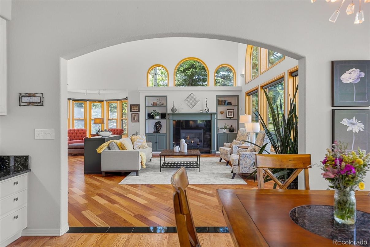 Dining room, Fireplace, Interior, Living room, Wood Texture Flooring