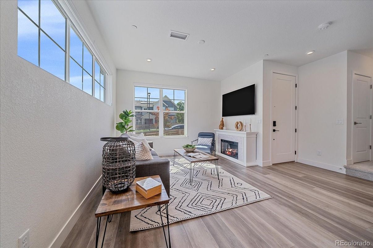 Fireplace, Interior, Living room, Recessed Lighting, Wood Texture Flooring