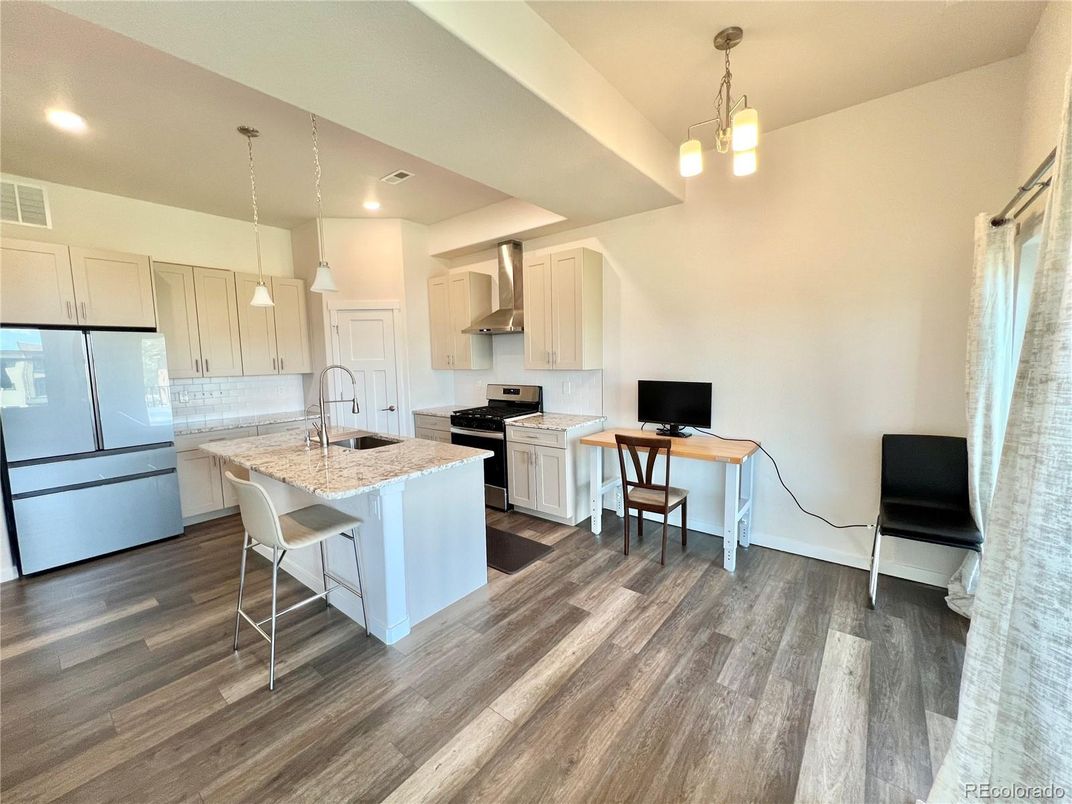 Interior, Kitchen, Pendant Lights, Recessed Lighting, Wood Texture Flooring