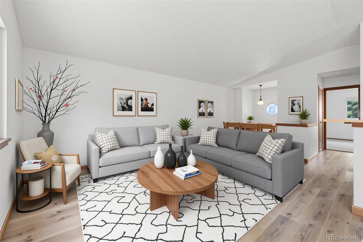 Dining room, Interior, Living room, Pendant Lights, Wood Texture Flooring