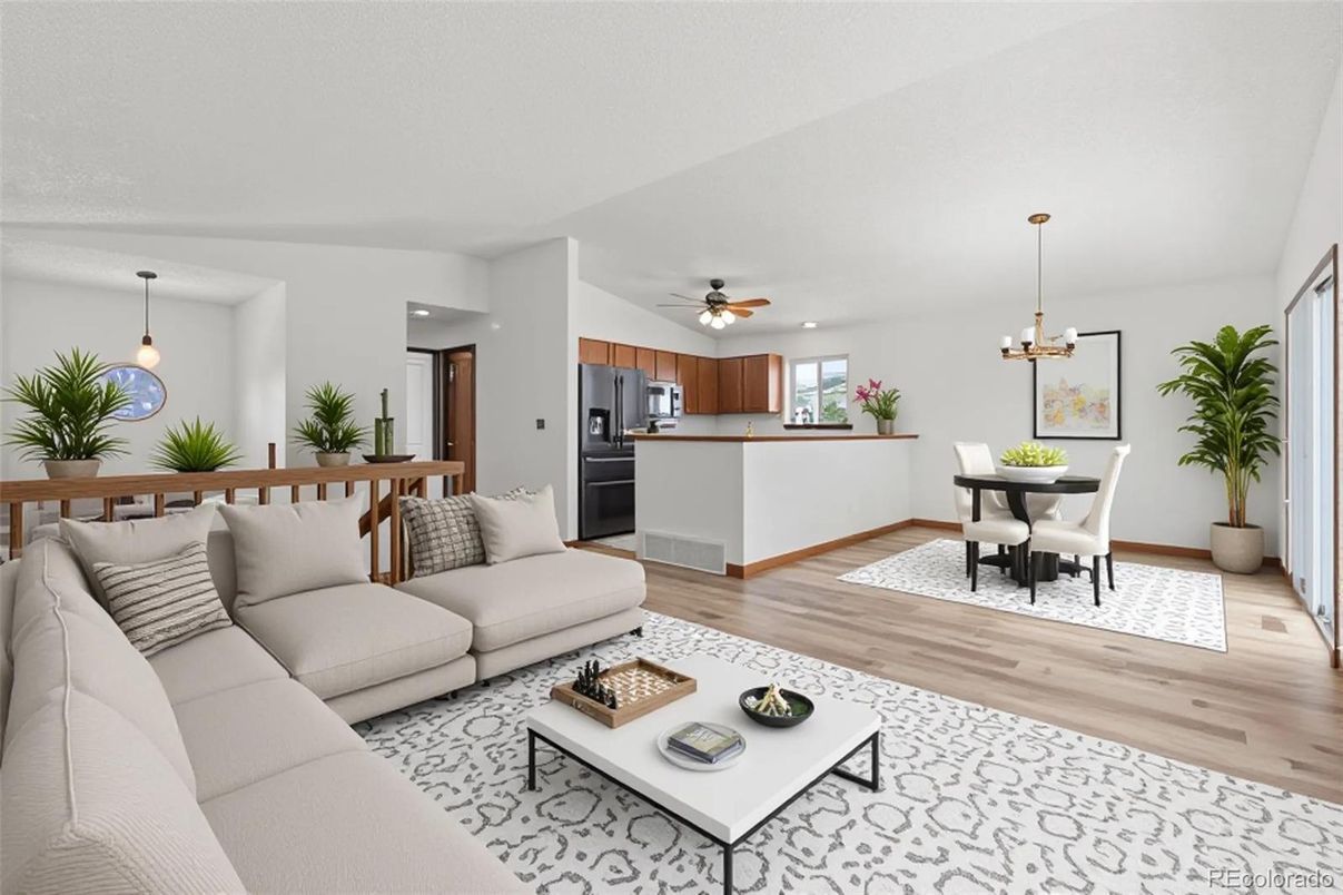 Dining room, Interior, Kitchen, Living room, Pendant Lights, Recessed Lighting, Wood Texture Flooring