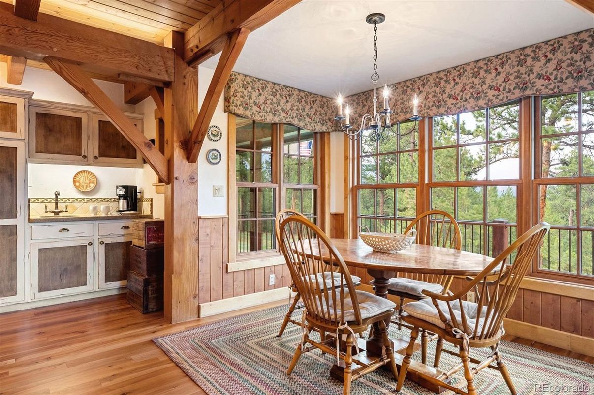 Chandelier, Dining room, Interior, Wooden Beams, Wooden Ceilings, Wood Texture Flooring