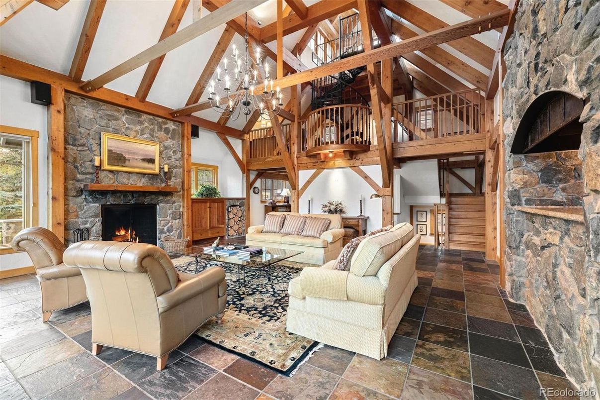 Chandelier, Fireplace, Interior, Living room, Stone Walls, Wooden Beams