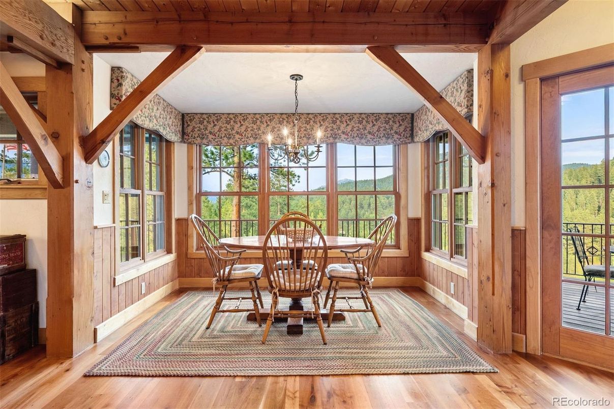 Chandelier, Dining room, Interior, Sun Room, Wooden Beams, Wooden Ceilings, Wood Texture Flooring
