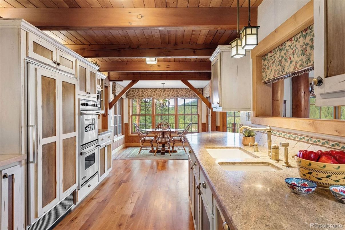 Chandelier, Dining room, Interior, Kitchen, Wooden Beams, Wooden Ceilings, Wood Texture Flooring