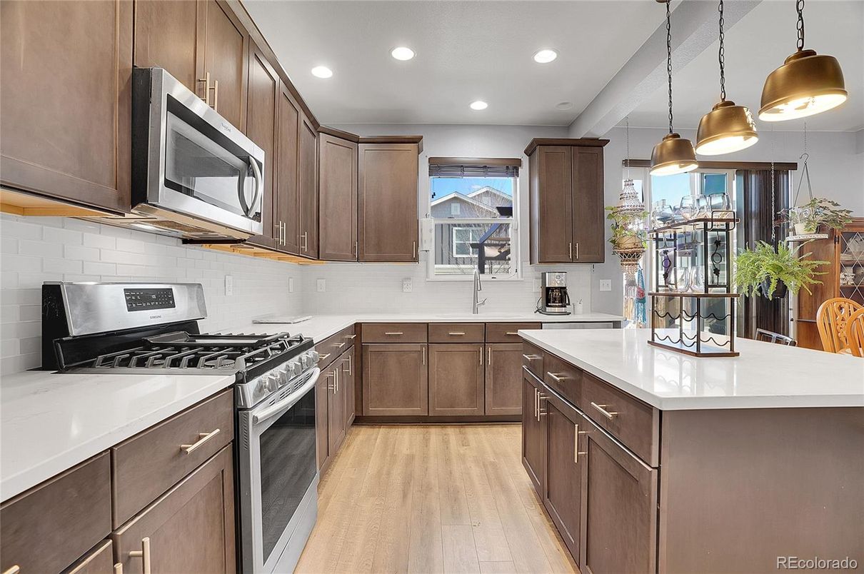 Interior, Kitchen, Pendant Lights, Recessed Lighting, Stainless Steel Appliances, Wood Texture Flooring