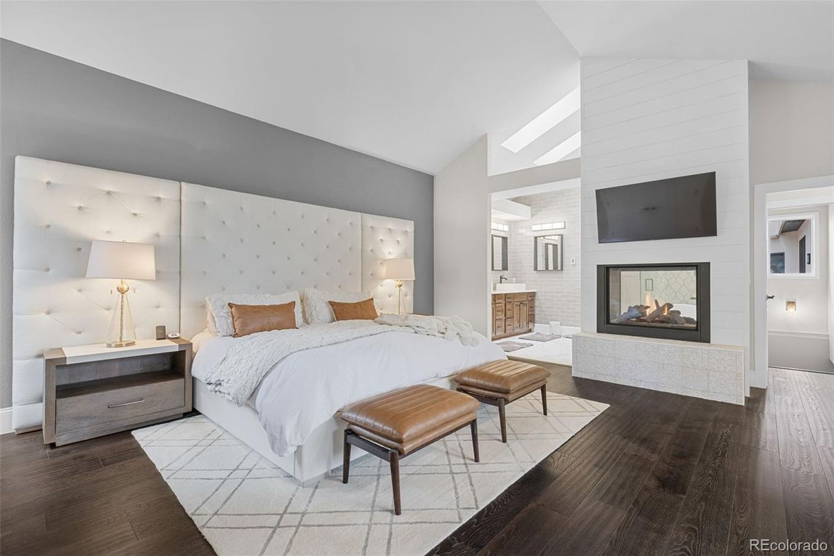 Bedroom, Fireplace, Interior, Wood Texture Flooring