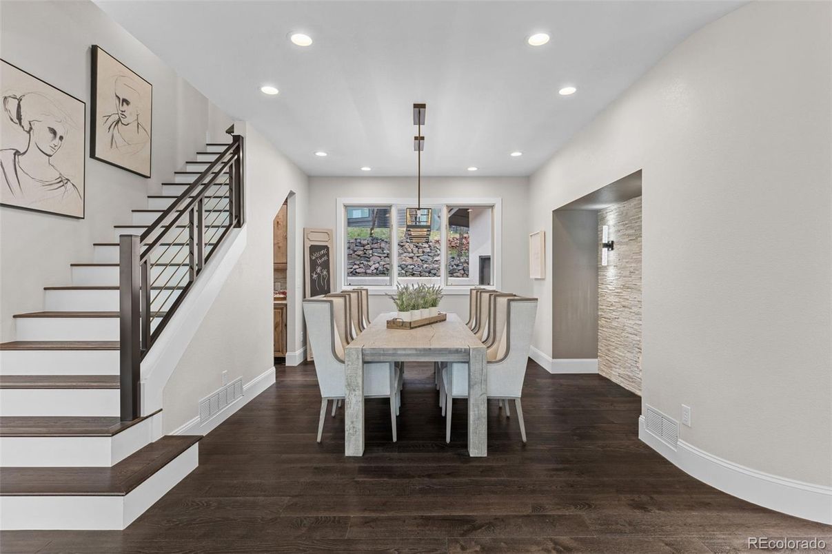 Dining room, Interior, Pendant Lights, Recessed Lighting, Wood Texture Flooring