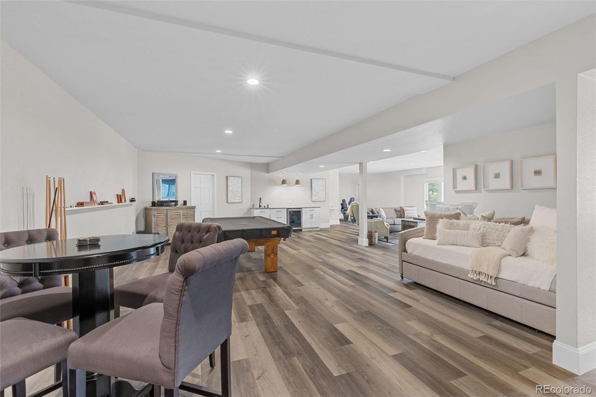 Billiard Table, Dining room, Game Room, Interior, Living room, Recessed Lighting, Wood Texture Flooring