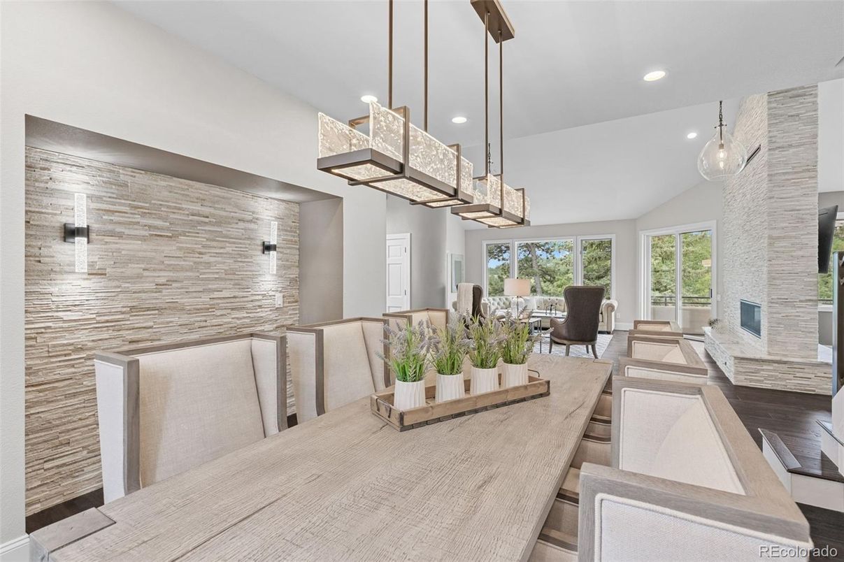 Dining room, Fireplace, Interior, Pendant Lights, Recessed Lighting, Wood Texture Flooring