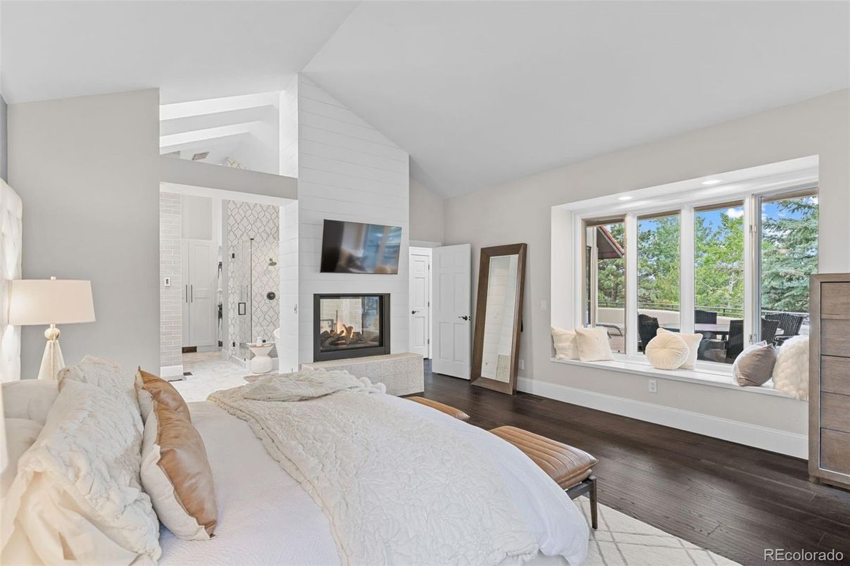 Bedroom, Fireplace, Interior, Recessed Lighting, Wood Texture Flooring