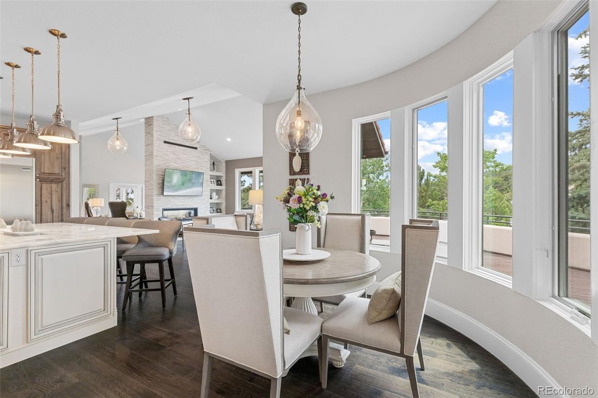 Dining room, Fireplace, Interior, Kitchen, Pendant Lights, Stone Walls, Wood Texture Flooring