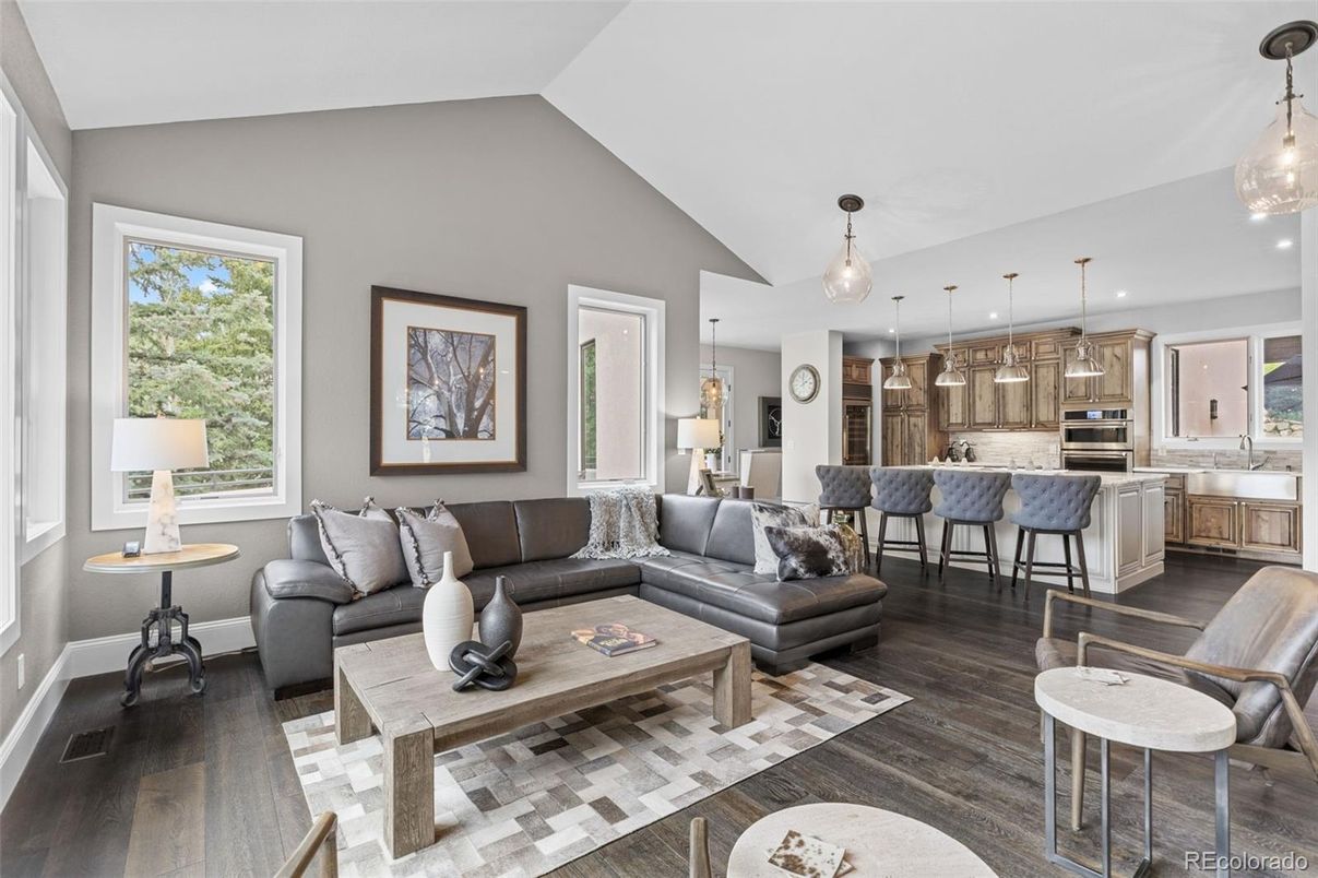 Interior, Kitchen, Living room, Pendant Lights, Recessed Lighting, Stainless Steel Appliances, Wood Texture Flooring