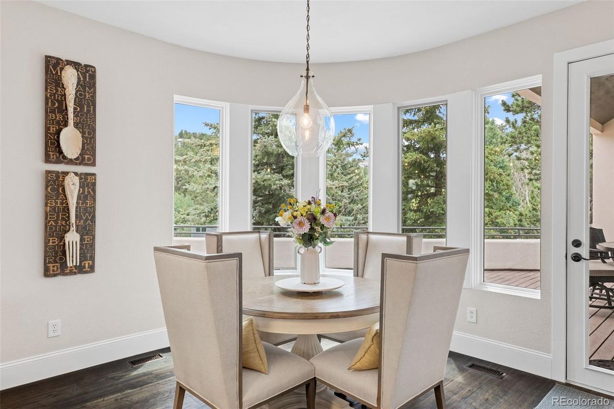 Dining room, Interior, Pendant Lights, Wood Texture Flooring