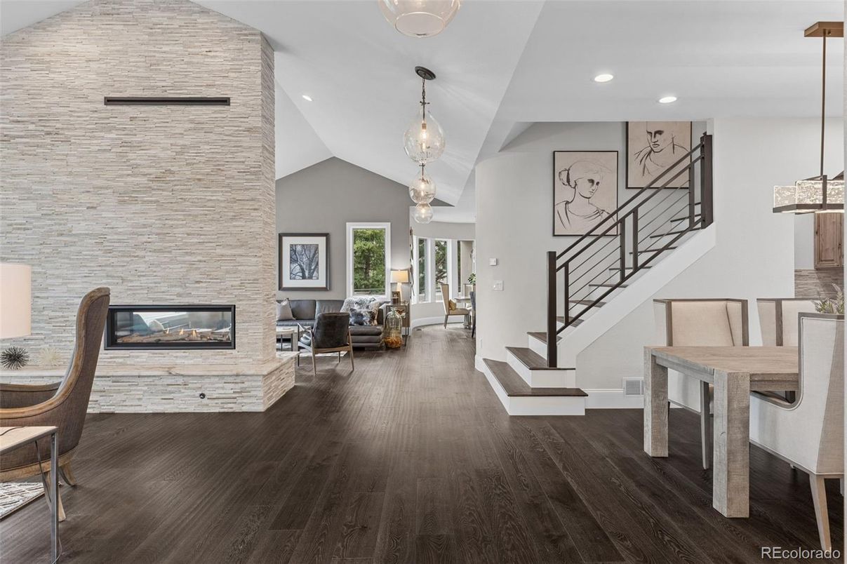 Fireplace, Interior, Living room, Pendant Lights, Recessed Lighting, Wood Texture Flooring