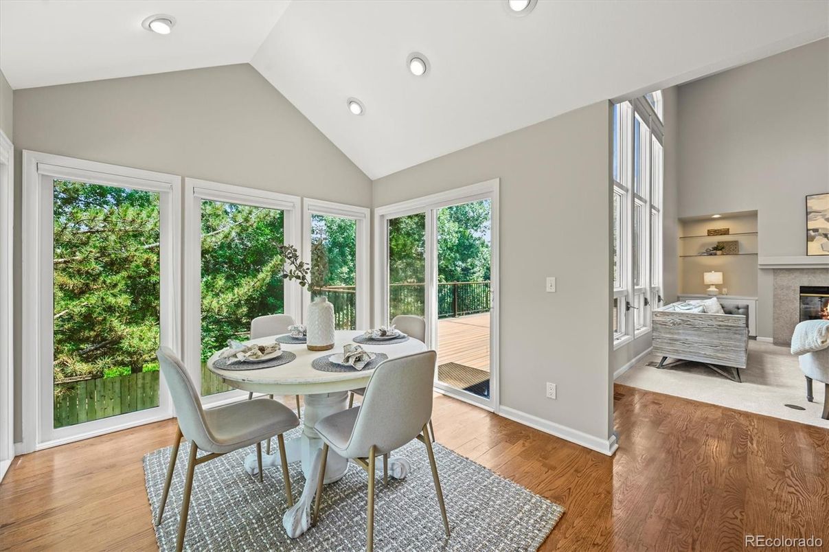 Dining room, Fireplace, Interior, Recessed Lighting, Wood Texture Flooring