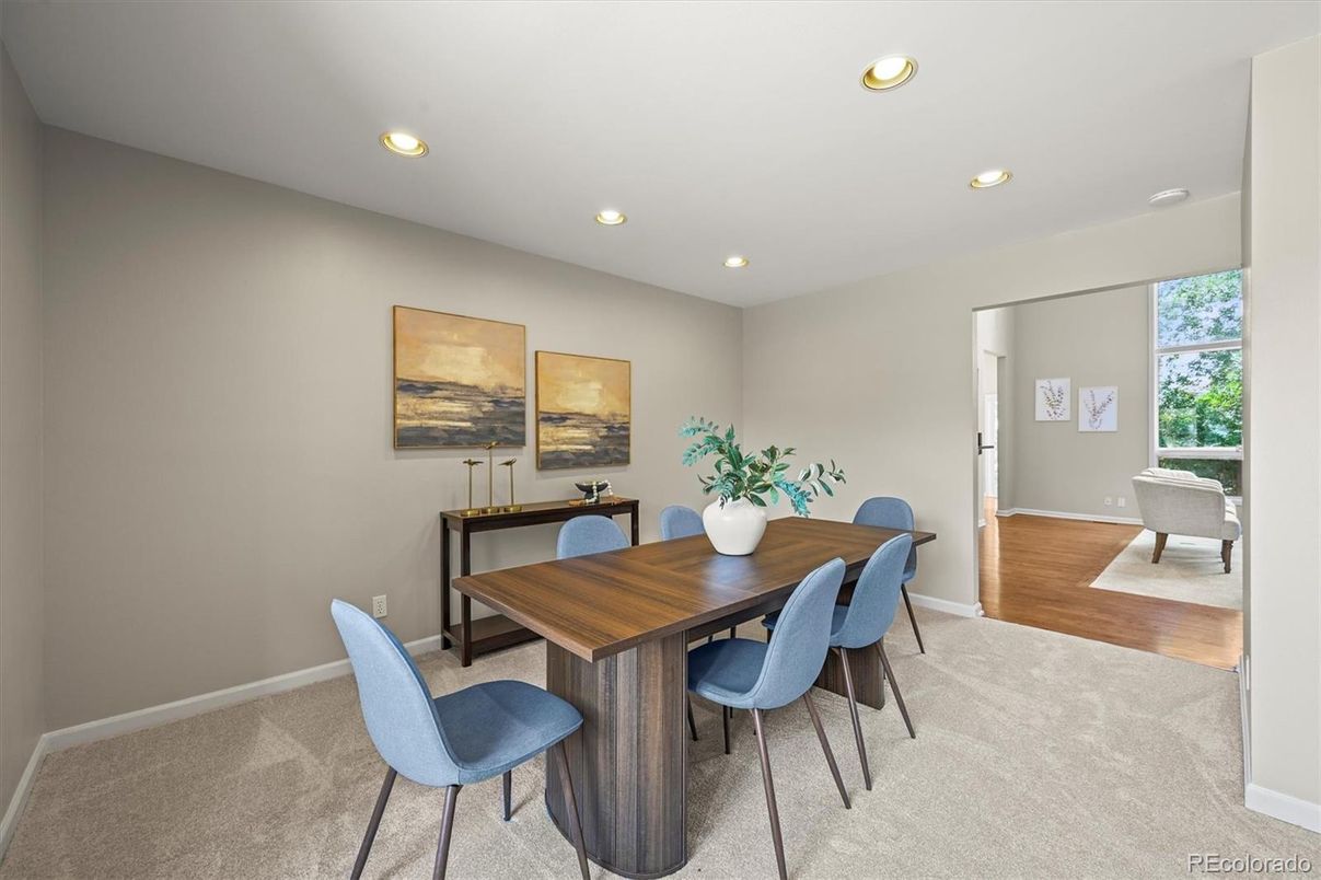 Dining room, Interior, Recessed Lighting, Wood Texture Flooring