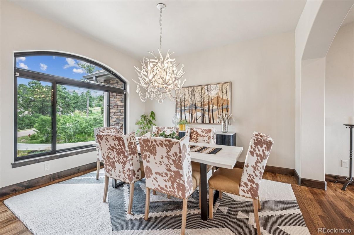 Chandelier, Dining room, Interior, Wood Texture Flooring