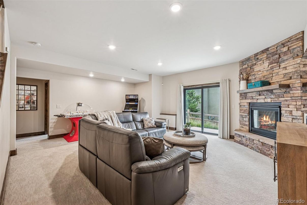Fireplace, Interior, Living room, Recessed Lighting, Stone Walls