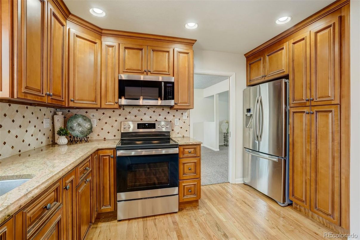 Interior, Kitchen, Recessed Lighting, Stainless Steel Appliances, Wood Texture Flooring