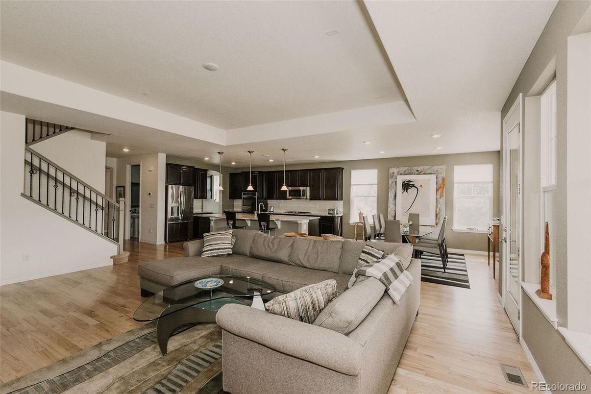 Dining room, Interior, Kitchen, Living room, Pendant Lights, Recessed Lighting, Stainless Steel Appliances, Wood Texture Flooring