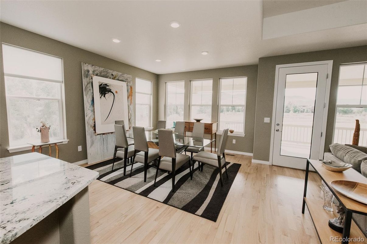 Dining room, Interior, Recessed Lighting, Wood Texture Flooring