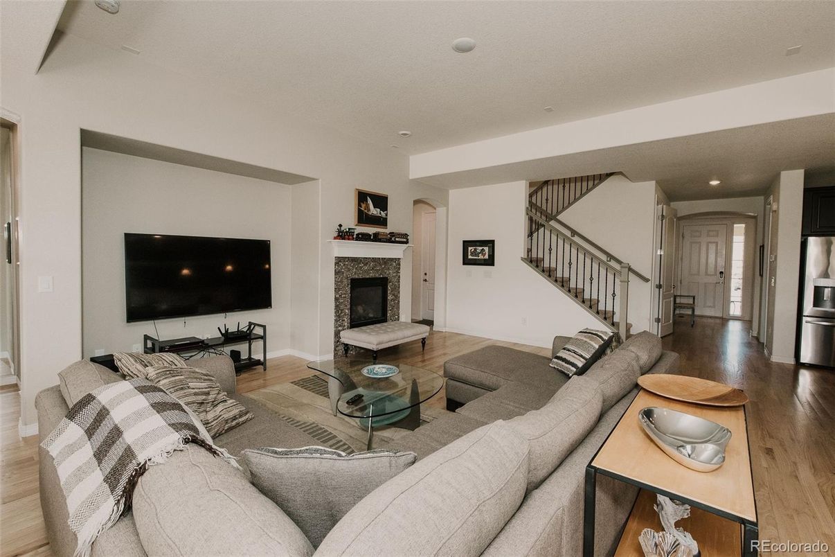 Fireplace, Interior, Living room, Recessed Lighting, Wood Texture Flooring