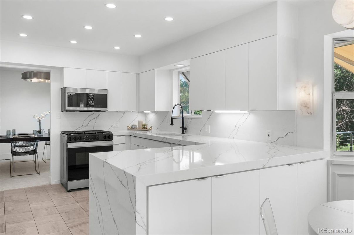 Interior, Kitchen, Marble, Marble Walls, Recessed Lighting, Stainless Steel Appliances