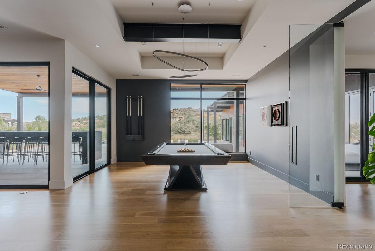 Billiard Table, Game Room, Interior, Pendant Lights, Recessed Lighting, Wood Texture Flooring