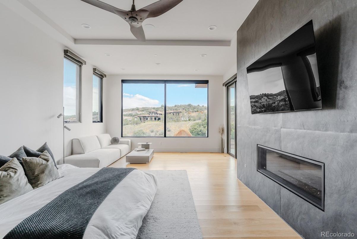 Bedroom, Fireplace, Interior, Living room, Recessed Lighting, Wood Texture Flooring