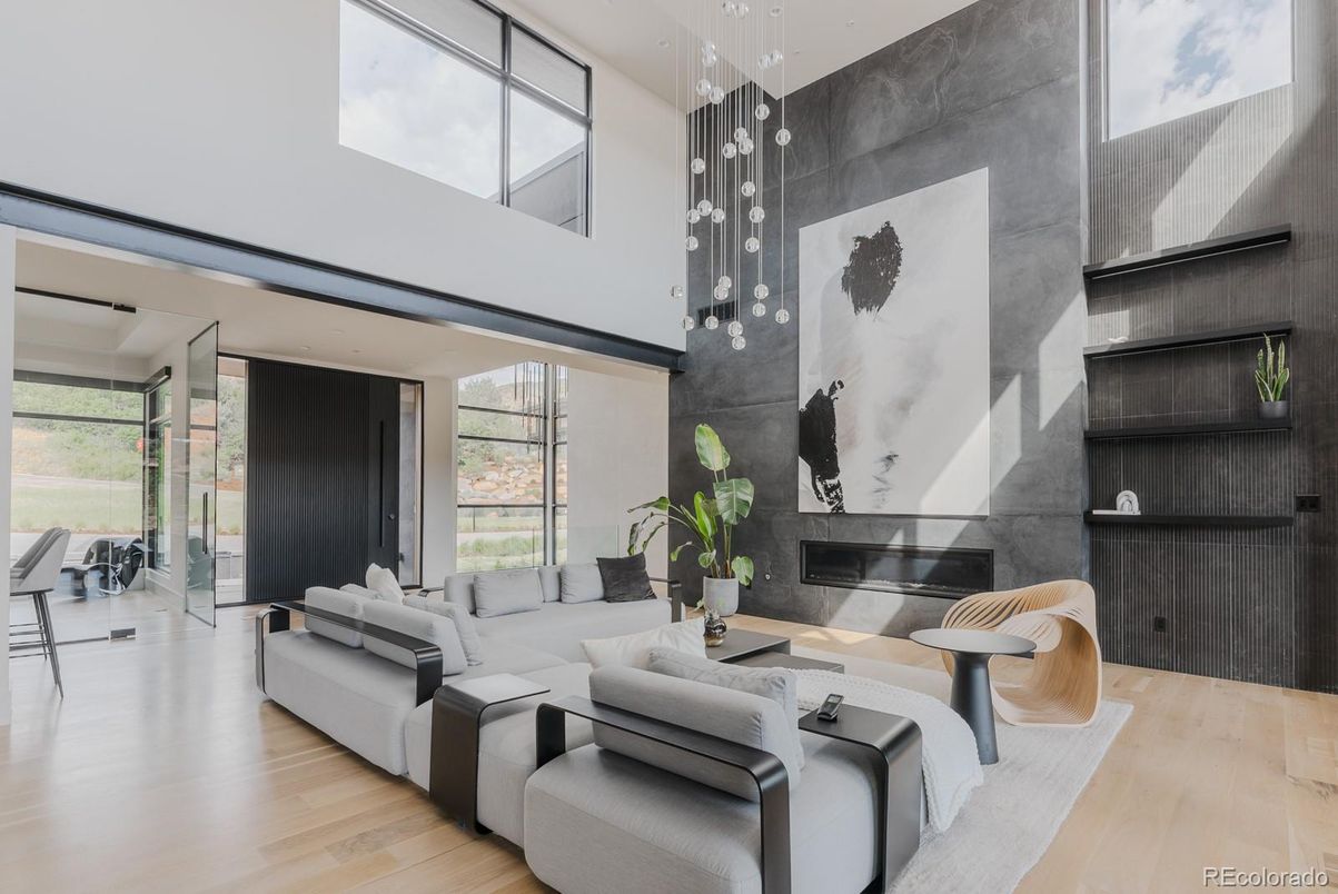 Fireplace, Interior, Living room, Pendant Lights, Wood Texture Flooring