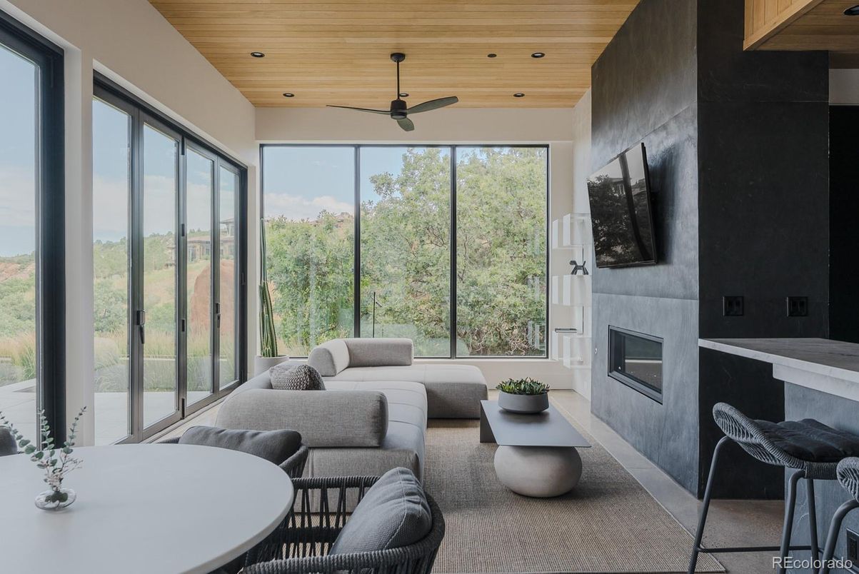 Fireplace, Interior, Living room, Recessed Lighting, Wooden Ceilings