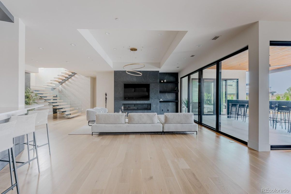 Fireplace, Interior, Living room, Recessed Lighting, Wood Texture Flooring