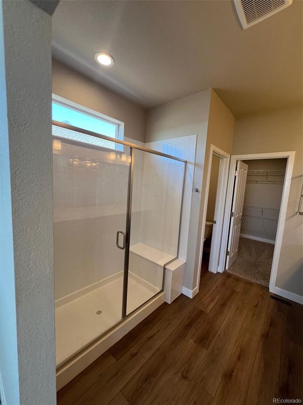 Bathroom, Glass Shower, Interior, Recessed Lighting, Wood Texture Flooring